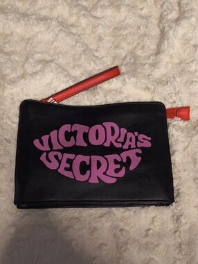 Victoria's Secret Black Cosmetic Pouch with Purple Logo and Red Wrist Strap(1)